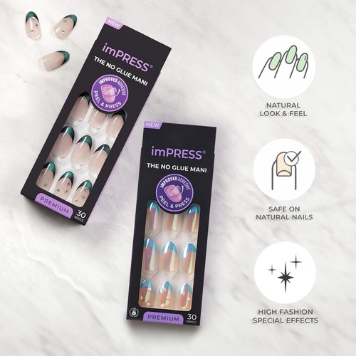 KISS imPRESS Press-On Manicure - All My Love Pink Aurora, Medium Almond Shape, Easy Application, Durable | 30 Count