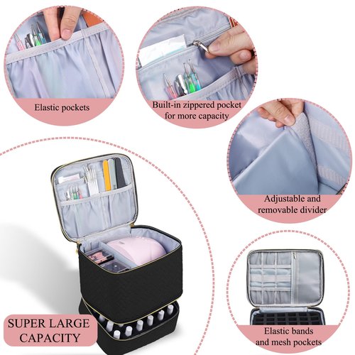 RZMAYIS Nail Polish Organizer, Nail Polish Storage Holds 30 Bottles & Nail Lamp, Double Layer Nail Bag Organizer Case, Portable Nail Polish Holder for Nail Tech Travel & Manicure Kit