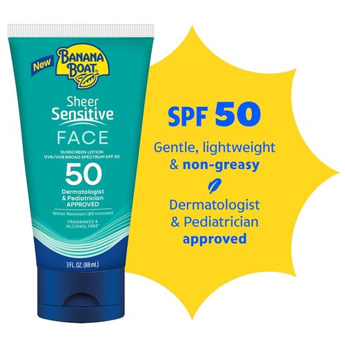 Banana Boat Sheer Sensitive Face Lotion - SPF 50 Protection | 3oz Size for Gentle Skin