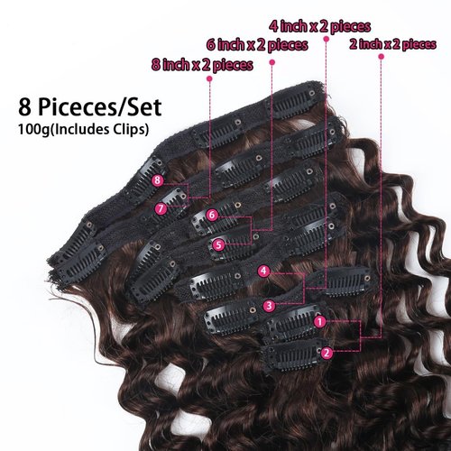 Clip in Hair Extensions Real Human Hair 14 Inch Remy Human Hair Extensions for Women Double Weft Seamless Clip ins Brazilian Deep Wave Curly Human Hair Extensions 8Pcs 100g 20 Clips Dark Brown