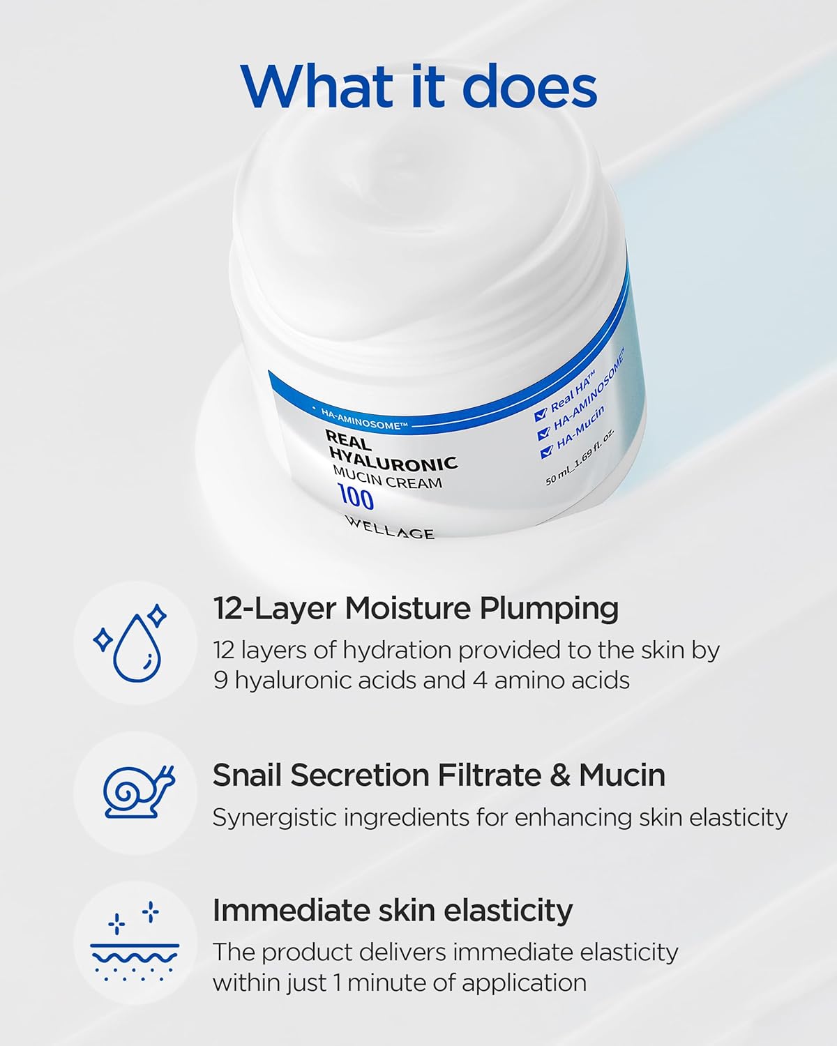 WELLAGE Real Hyaluronic Mucin Cream - Hydrating Daily Face Gel Moisturizer with Snail Mucin - 1.69oz