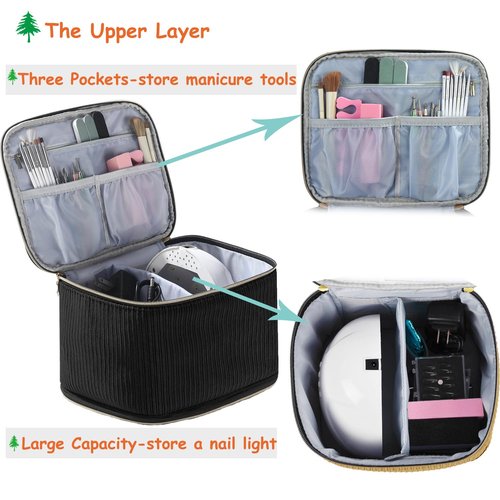 Corduroy Nail Polish Organizer and Nail Lamp Case, Nail Kit Organizer Holds 30 Bottles (15ml - 0.5 fl.oz) and a Nail Lamp, Nail Polish Carrying Case with Manicure Tools Storage Sections (Black)