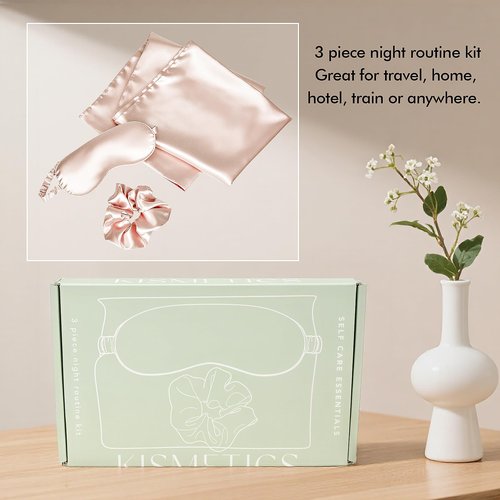 KISMETICS - Vegan Silk Sleep Set, Vegan Silk Pillowcase with Large Scrunchie and Eye Mask for Hair and Skin, Self Care Essential Satin Night Routine Kit (Light Pink Color)
