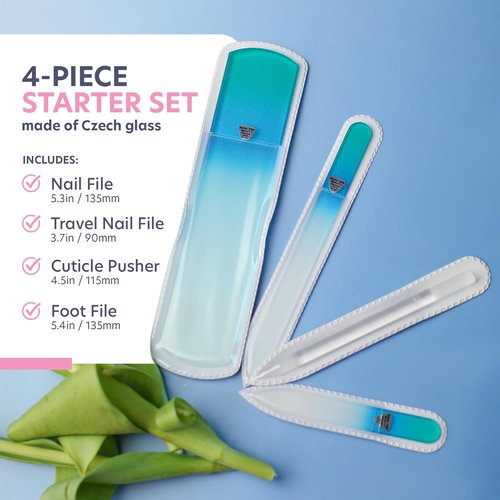 Bona Fide Beauty | Handmade Czech Glass Manicure & Pedicure Gift Set - 4PC in Blue with Foot File & Cuticle Pusher