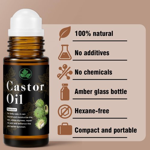 Organic Castor Oil Roll on – 100% Pure & Cold Pressed Organic Castor Oil for Face, Body, Hexane Free, Glass Bottle – Hair & Eyelashes Growth, Moisturize Skin, 1fl oz