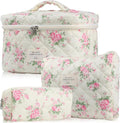 Skiennix Cute Makeup Bag Set - Quilted Floral Travel Cosmetic Organizer (3 Pcs, Pink Flower)