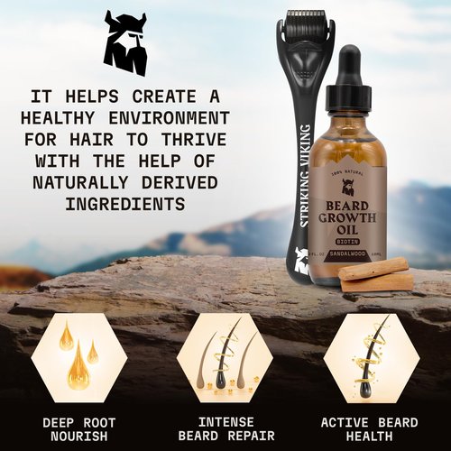 Striking Viking Beard Growth Kit - Sandalwood, 2 fl oz - Fuller, Thicker & Healthier Facial Hair Oil Infused with Jojoba & Argan Extracts - For All Hair Types & Patchy Areas - Biotin Fortified