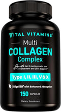 Vital Vitamins Multi Collagen Capsules - Types I, II, III, V, X - Grass Fed & Non-GMO - 150 Count