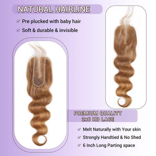 DSEKCAIN 27# Honey Blonde 2x6 Body Wave Lace Closure 100% Real Human Hair 14 Inch