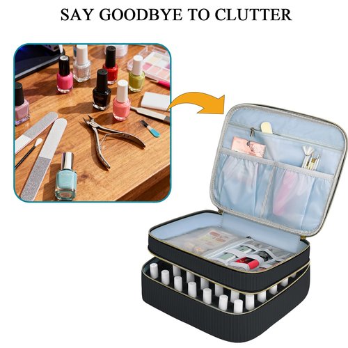 LYFFXYH Double-Layer Nail Polish Organizer-Holds 42 Bottles, Nail Polish Storage with Handle, Nail Bag Organizer Case for Professional Manicure Kit & Travel (Black, 42 Bottles-Small)