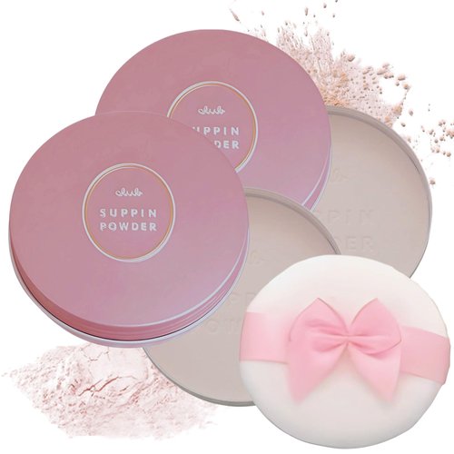 Club Suppin Translucent Pressed Powder Foundation & Overnight Skincare, Makeup Setting Powder & Face Finish POWDER with Shea Butter, Amino Acids& Aloe Extract by Japanese Skincare PINK PLUSH, 2EA