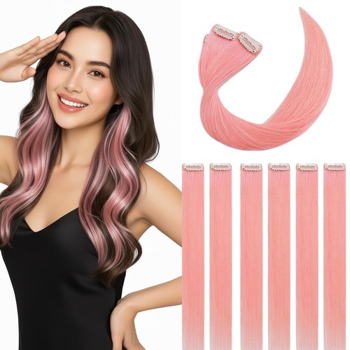 SEGOHAIR Clip in Hair Extensions Real Human Hair for Women, 10 Inch 31g 6pcs, Pink, Straight - Highlight, Add Volume and Length for Daily Wear, Parties, Weddings