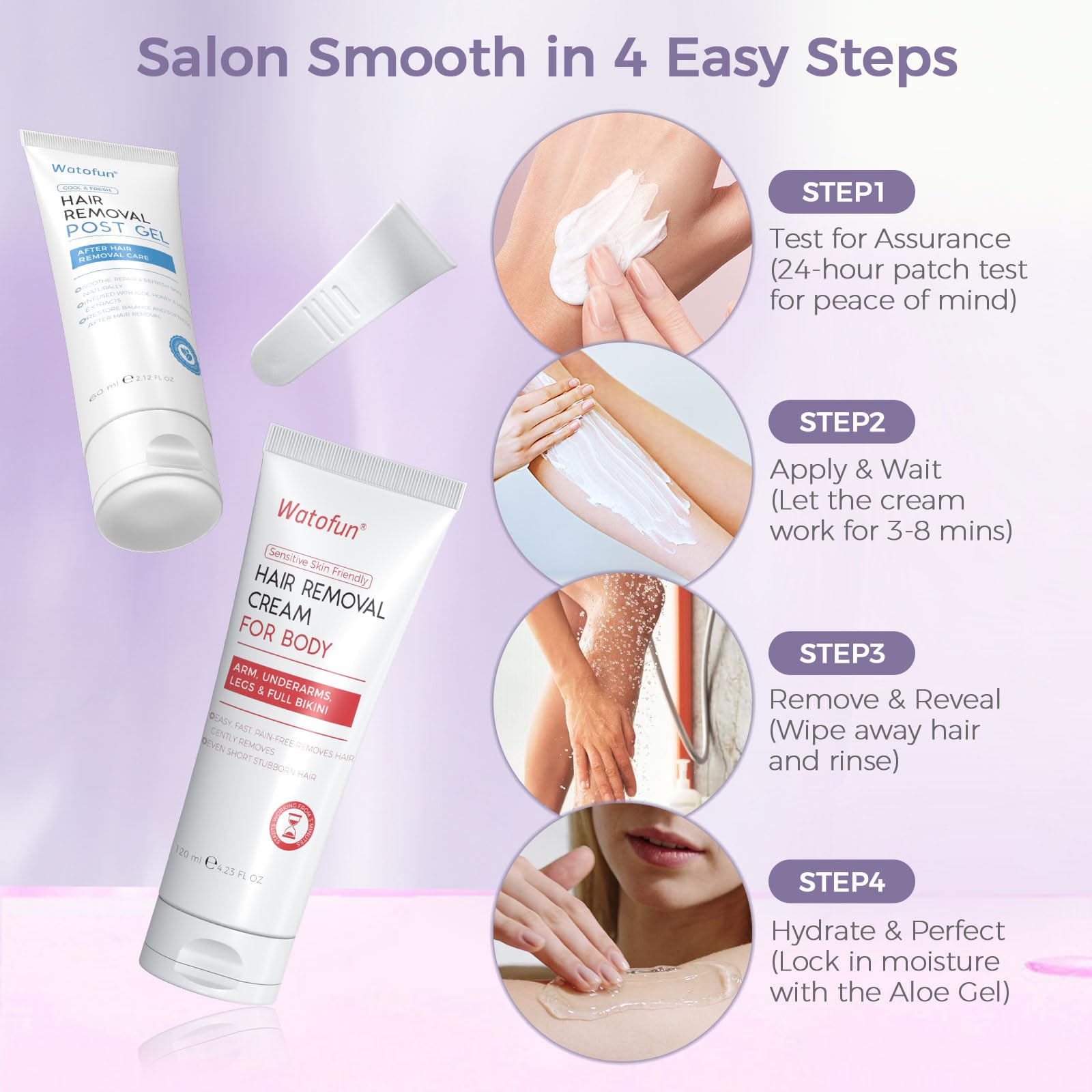 Watofun Body Hair Removal Cream for Women with Aloe Gel for Sensitive Skin, 5 Min Painless Depilatory Cream for Arms, Underarms, Legs, Chest& Bikini Line, hair remover for women 2-in-1 Kit, 6.35 Fl Oz