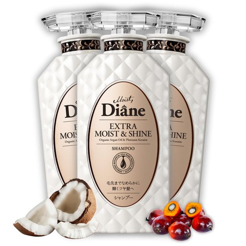 Moist Diane Hydrating Shampoo for Women, Anti Frizz Shampoo for Men by Argan Oil, Hyaluronic Acid & Plum Extract, Coconut SHAMPOO from Japan, Silicone & Sulfate Free, MOIST & SHINE,15.2 Fl Oz 3EA