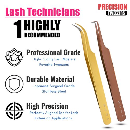 My Lash Tools - New Fiber Tip Lash Tweezers for Eyelash Extensions Tweezers SET OF 2 Mini Isolation & Microgrip Tip Curved Volume Tweezers Japanese Steel Lashing Tweezer (Gold & Rose Gold Set)