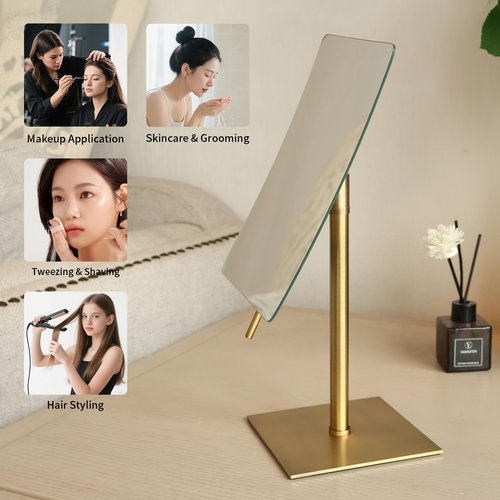 Gecious Bronze Table Standing Rectangular Vanity Makeup Mirror with 3X Magnification, Highly Adjustable, Crafted from 304 Stainless Steel, for Hotel Bathroom