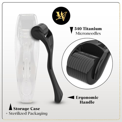 Derma Roller for Skin, Hair & Beard – Women and Men Titanium Microneedling Roller for Face & Scalp, Safe & Easy to Use - Jet Black