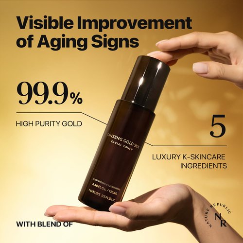 Nature Republic Ginseng Gold Silk Facial Toner, Hydrating Glow Toner, Niacinamide & Silk Amino Acid, Royal Jelly Extract, Korean Skin Care for All Skin Types 130 ml / 4.39 Fl. oz.