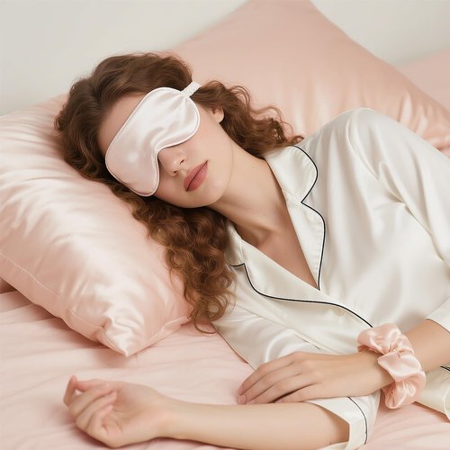 KISMETICS - Vegan Silk Sleep Set, Vegan Silk Pillowcase with Large Scrunchie and Eye Mask for Hair and Skin, Self Care Essential Satin Night Routine Kit (Light Pink Color)