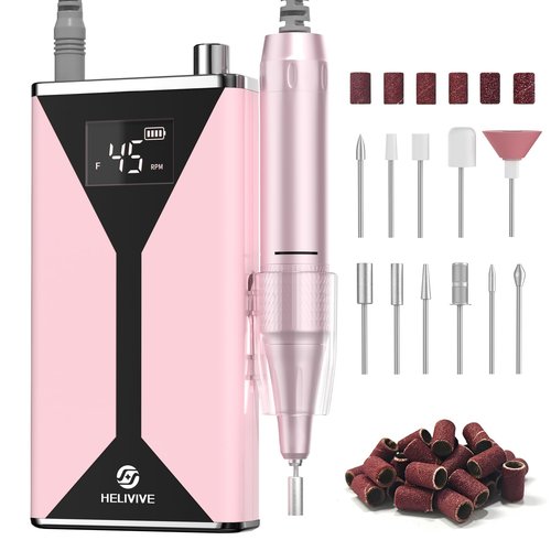 HELIVIVE Professional Electric Nail Drill 45000RPM (Portable & Rechargeable) (with 11 Drill Bits ) Cordless Nail File Machine for Shaping, Polishing & Removing Gel Nails for Salon Home (Pink)