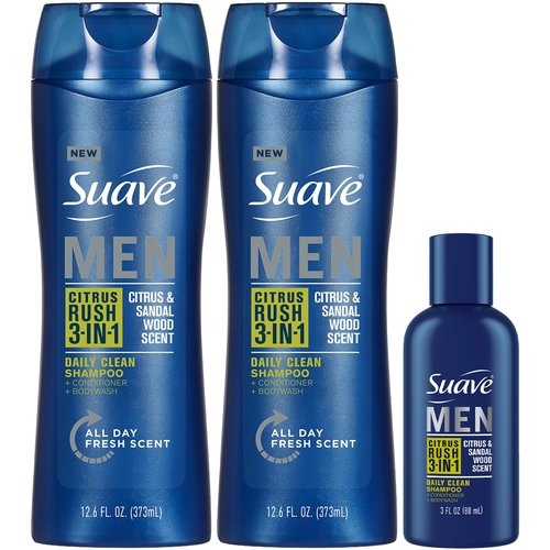 Suave Body Wash, Shampoo & Conditioner 3-in-1 for Men, Citrus Rush Bundle, Full-Size Twin Pack + 1 Travel-Size. (3 Piece Set)