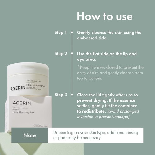 AGERIN Facial Cleansing Pads - Daily Oil & Makeup Remover Cotton Pads, Gentle Cleansing, Hydrating, Dirt & Impurities Removal Without Tugging - Vegan, Non-Irritating, 50pads