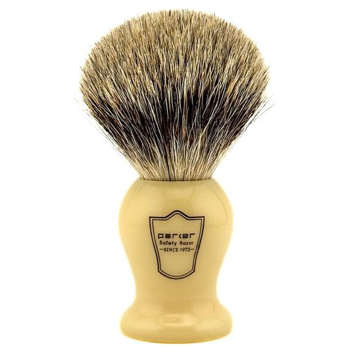 Parker 3-Band Pure Badger Bristle Shaving Brush – Faux Ivory Handle, Classic Wet Shave Brush for Lathering Shaving Soaps & Creams with Bladed Razors