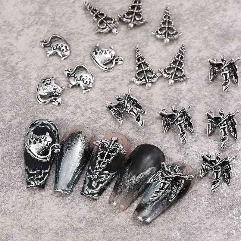 Gothic Nail Charms Set - 130 Pieces Y2K Punk Emo Silver & Black Nail Art Accessories