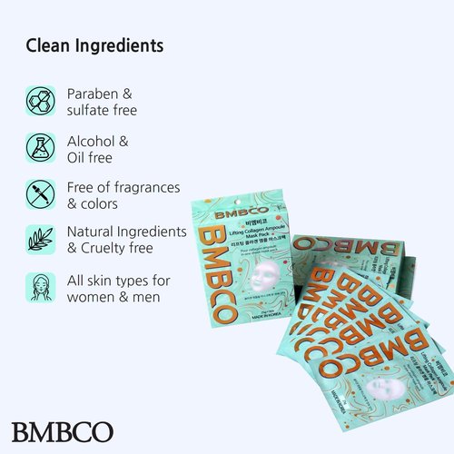 BMBCO Collagen Booster Ampoule Sheet Mask, Skin Lifting Wolume Up, Deep Hydating with Hyauronic Acid, Glacier Water, Redness Remover, 5 Sheets in 1 Pack