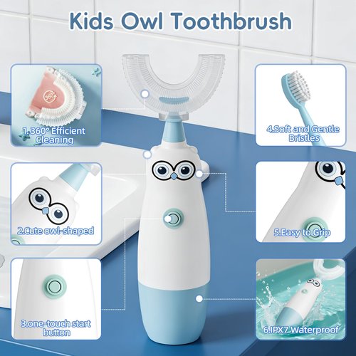 Hikid Kids Electric Toothbrush，360-Degree Sonic Vibration, IPX7 Waterproof,Toddler U Shaped Toothbrush with 2 Soft Brush Head,Cute Owl Design Baby Toothbrush for Ages 8–13（Blue）