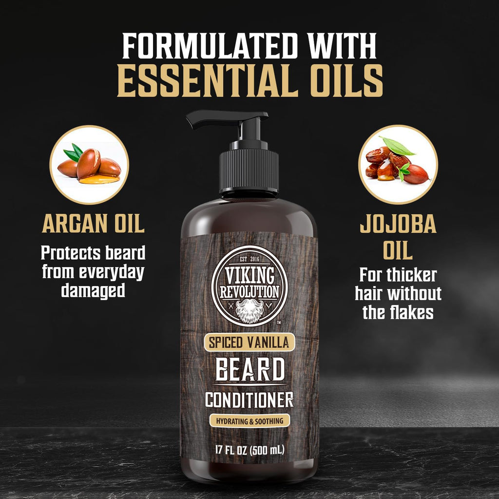 Viking Revolution Spiced Vanilla Beard Conditioner for Men with Argan Oil and Jojoba Oil - Beard Softener and Strengthener Natural Beard Conditioner with Beard Oil - Beard Care Moisturizer (17oz)