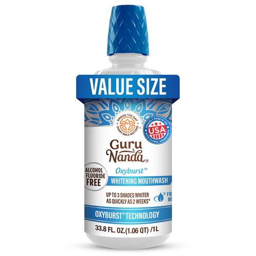 GuruNanda Oxyburst Teeth Whitening Mouthwash – Alcohol & Fluoride Free, with Hydrogen Peroxide & 7 Essential Oils, Value Size for Regular Use, Wild Mint, 1 Liter/33.8 fl oz
