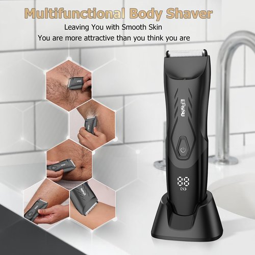 ENSSU Manscape Body Hair Trimmer for Men, Pubic Groin Hair Trimmer for Men with Safe Blade, Cordless Ball Shaver w/Light, Charging Dock, Waterproof Body Groomer, LED Display, 1H Charge,Black