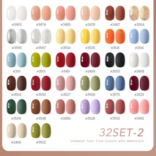 GAOY 36 Pcs Gel Nail Polish Set, 32 Colors All Season Gel Polish Kit Red Black White Nude Glitter with 4 Pcs Soak off Base Glossy Matte Top Coat & Builder for Nail Art DIY Manicure at Home