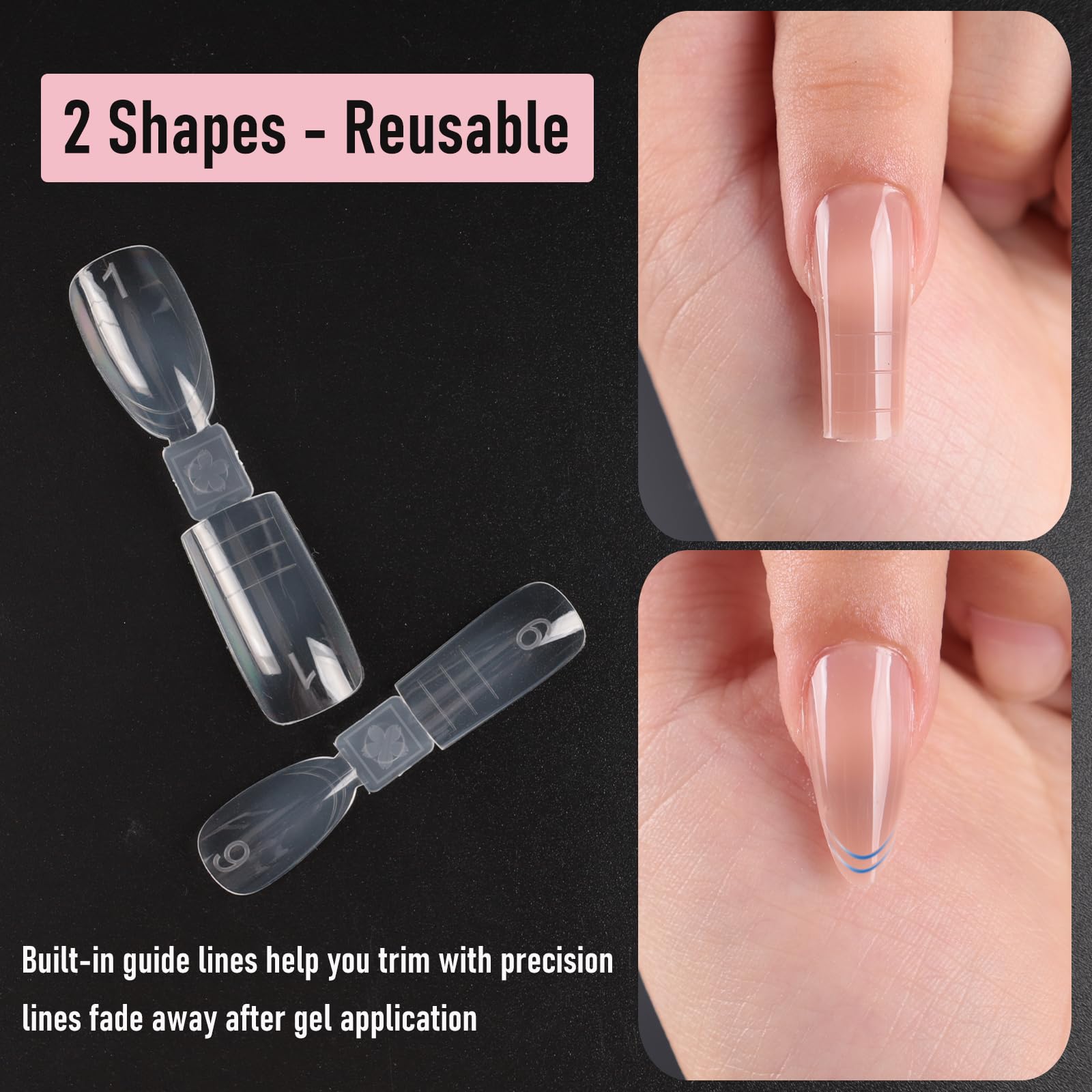 Wellquinn Dual-ended Short Nail Mold Kit, Square & Almond Shape, Embeddable Ultra-Thin Seamless Measured Nail Forms with Gel Scoop, 15 Sizes 75Pcs