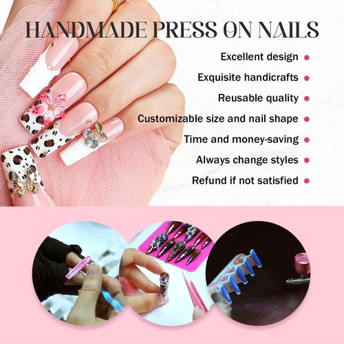 Duck Press on Nails Duck Handmade Press on Nails 3D Luxury Rhinestone Cherry and Pearl Acrylic Fake Nails Designs Flower Stick on Nails Full Cover Thickened False Nails for Women Nail Art DIY（M)
