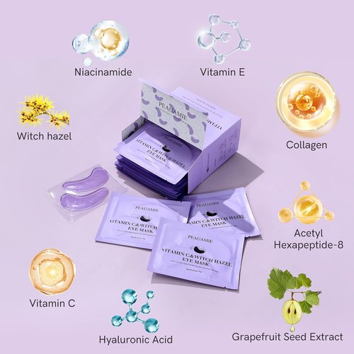 PEAUAMIE Under Eye Patches - Vitamin C & Witch Hazel Eye Mask for Dark Circles | 30 Pairs