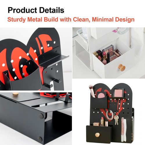 Magnetic Pegboard Organizer for Office Desk, Makeup Vanity, Stationery Storage, Gaming Desktop with 4 Metal Accessories Drawer Holder Hooks Modular - Home Decor Tabletop Display Kids Room - Black