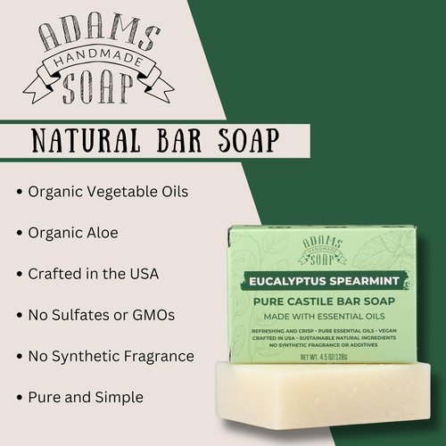 Adams Handmade Soap Eucalyptus Spearmint Pure Castile Bar Soap – 4.5 oz | Vegan, Cold Process, Essential Oils, 84% Organic, Fair Trade, No Additives, USA Made