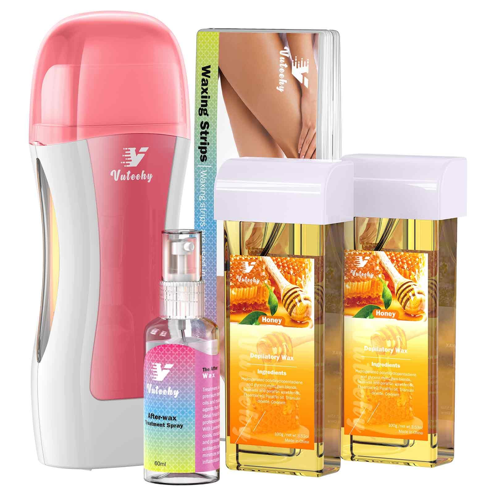 Vuteehy Roll on Wax Kit, Rolling Wax Hair Removal Kit for Women Men, Waxing Kit for Hair Removal, Roller Waxing Kit with 2 Honey Cartridges, 50 Pcs Strips