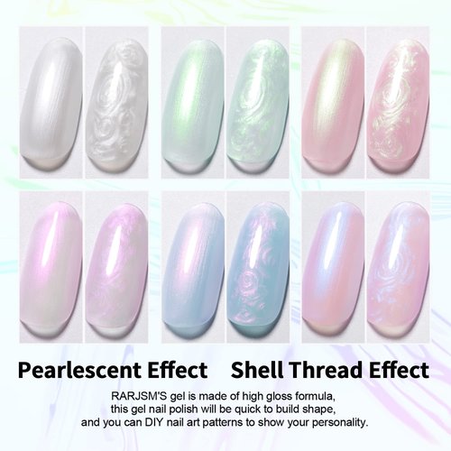 RARJSM Pearl Gel Nail Polish Set Clear Shell Glitter Gel Polish 6 Colors Pearlescent Pink White Blue Purple Silver Gold Shimmer Mermaid Swirl Thread Effect Soak Off Curing Requires Home Salon