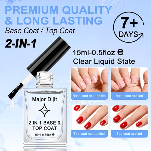 Major Dijit Clear Base & Top Coat 2-in-1 Nail Polish - Quick-Dry, Long-Lasting High Gloss Formula | 0.5 Fl Oz