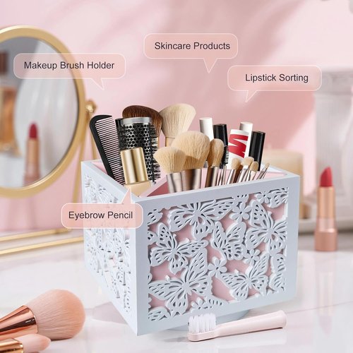 DUO GE MAO 360 Rotating Makeup Brush Holder with Butterfly Cutout, Pink Makeup Brush Organizer for Vanity - 4 Compartment Spinning Wooden Desk Organizer for Pens, Lipsticks, Eyebrow Pencils