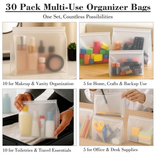 Circloophs 30 Pack Clear Makeup Bag Organizer Cosmetic Zipper Pouch TSA Approved Small Travel Pouches Transparent EVA Reusable Water-resistant Plastic Clear Gift Bags Bulk, Frosted, 11” x 8” x 2.8”