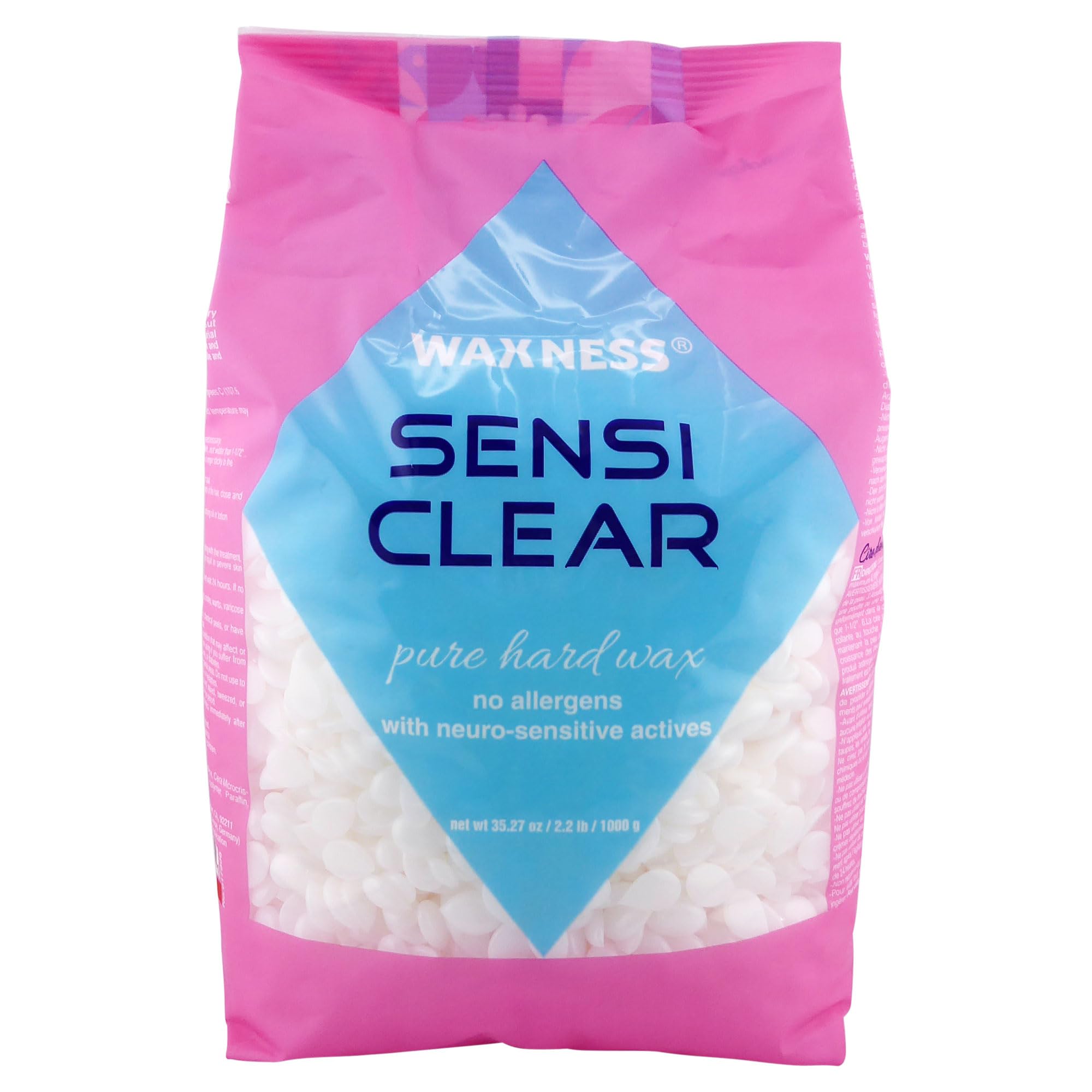 Waxness Sensi Clear Pure Hard Wax Beads 2.2 lb (1kg) – Rosin-Free Stripless Clear Hard Wax with Neuro-Active Comfort Complex for Face & Body - Made in Italy