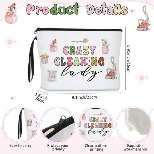 Clysee Housekeeping Week Gifts Housekeeper Appreciation Gifts Supplies Cleaning Bags for Housekeepers Custodian Cleaning Makeup Bag Cosmetic Pouch Canvas Tote Bag(2 Pcs,White)