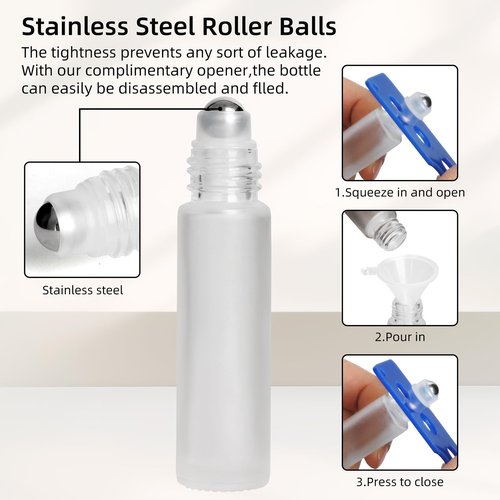 AGZHTYJQ 10ML Glass Essential Oil Roller Bottles,24 Pack Clear Frosted Oil Roller Bottles for Essential Oils, refillable rollerball bottle(24 Labels, Opener, Funnel, Dropper Included)