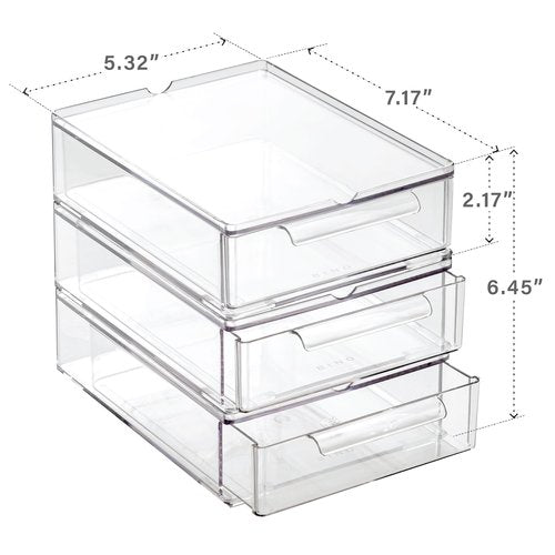 BINO | Clear Stackable Storage Drawers, Small - 3 Pack | Clear Storage Drawers with Built-In Handles | Durable Plastic Organizer Drawer | Modular Stackable Drawer Acrylic Organizer