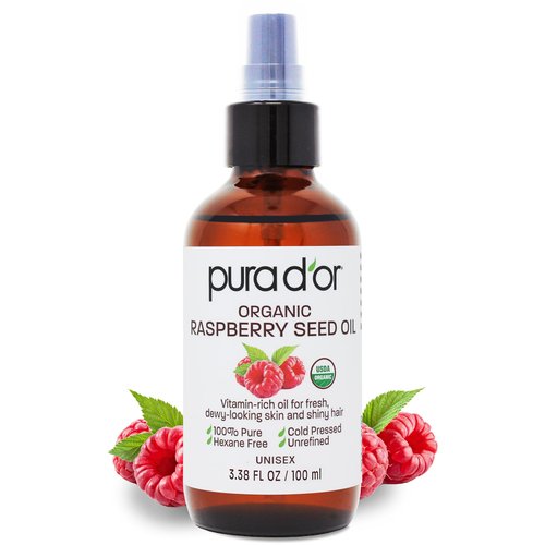 PURA D'OR 3.38 Oz ORGANIC Raspberry Seed Oil - 100% Pure USDA Certified, Cold Pressed Unrefined, Hexane-Free, Premium Grade - Sun Protection For Skin, Body & Hair