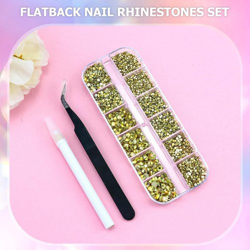 Briskbloom 4080PCS Nail Art Rhinestones Kit Gold Flatback Crystal Gemstones for Manicure Crafts Shoes Clothes Decoration, 1.5-4.8MM 6 Sizes SS4-SS20 with Wax Pen and Tweezers, Metal Sunlight